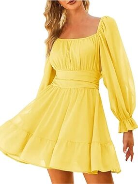 Amazon Yellow Long Sleeve Square Neck Frilled Backless Slim Mid Length  XXL